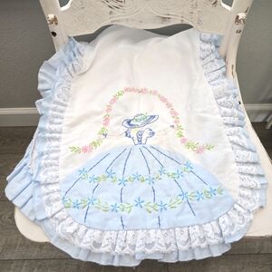 Embroidered Blue and White Ruffled Table Runner